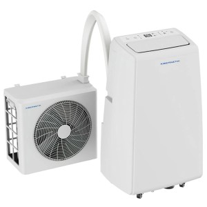 Condizionatore split mobile Kibernetik bianco con unità interna ed esterna, collegate da tubo. 12.000 BTU.