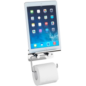 Porta carta igienica Wenko con finitura in acciaio inox lucido e ripiano per smartphone.