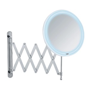 Specchio da parete telescopico a LED Wenko Barona in cromo-argento con braccio estensibile e superficie rotonda.