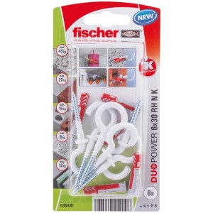 Fischer Cheville universelle DuoPower 6x30 avec crochets, 6 pièces, pour une fixation sûre dans divers matériaux de construction.