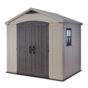 Abri de jardin en plastique Keter Factor 8x6 avec double porte et fenêtre.