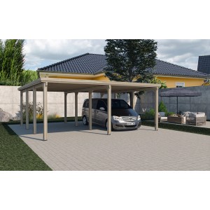 Doppio carport Weka 618 con tetto in lamiera trapezoidale e spazio per due auto. Legno impregnato in autoclave.