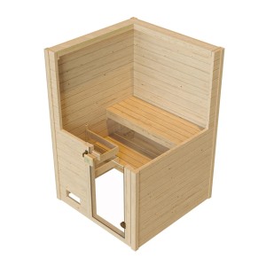 Sauna en bois massif Weka Valida 1, ensemble, épicéa 38mm, porte en verre, vue intérieure avec bancs.