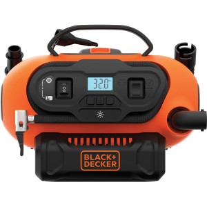 Gonfleur Black+Decker BDCINF18N, compresseur 11 bar avec écran digital et rangement accessoires.