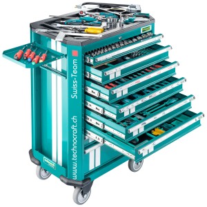 Servante d'atelier Technocraft Swiss Team avec 297 pièces et tiroirs ouverts remplis d'outils.