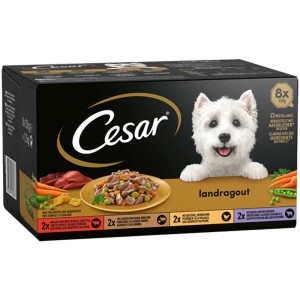 Cesar Landragout cibo umido per cani, confezione da 8 x 150g con cibo e cane.