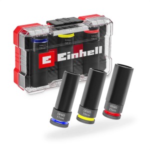 Einhell Jeu de douilles à choc pour voiture, 3 pièces, avec protection de jante et code couleur.