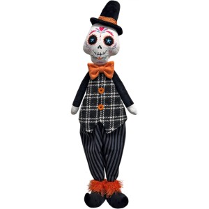 Decorazione Halloween: Uomo fantasma con cilindro, frac a quadri e trucco da teschio, altezza 75 cm.