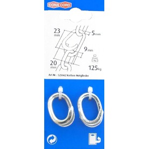 Zwei silberne Conacord Ketten-Notglieder aus Stahl, Ø 5 mm x 23 mm, für Haken- & Ösen-Sets.