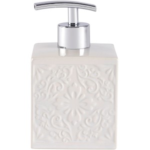 Dispenser sapone bianco Wenko Cordoba in ceramica con motivo strutturato e pompa cromata.