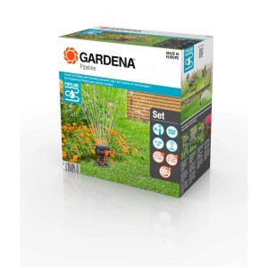 Emballage du kit de démarrage Gardena Pipeline avec arroseur oscillant pour l'irrigation du jardin.