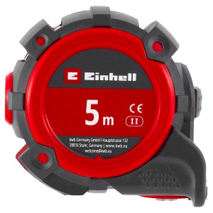 Mètre ruban Einhell, 5 m, avec échelle imprimée des deux côtés. Idéal pour des mesures précises dans l'artisanat.