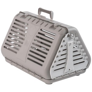 Cage de transport pliable grise Rotho Toby pour animaux avec poignée et fentes d'aération.