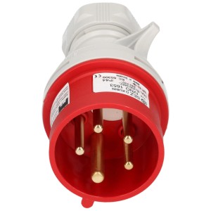 Prise CEE, 5 pôles, gris-rouge, 16A, IP44, avec inverseur de phase pour raccordement d'appareil.