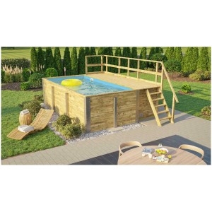 Piscine en bois massif Weka avec terrasse, échelle et liner bleu dans le jardin.