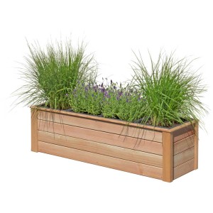Jardinière en mélèze avec 4 inserts pour plantes, plantée avec des graminées et de la lavande.