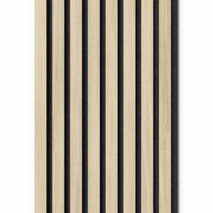 Pannello acustico Acu-Line: Listelli verticali in rovere chiaro su feltro nero. Rivestimento per pareti e soffitti, migliora l'acustica.
