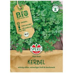 Confezione di semi di cerfoglio biologico Sperli Fijne Krul con erbe fresche e verdi.