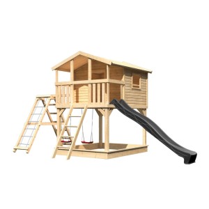 Karibu Maison sur pilotis Benjamin avec toboggan, balançoire, structure d'escalade et rampe en filet en bois.