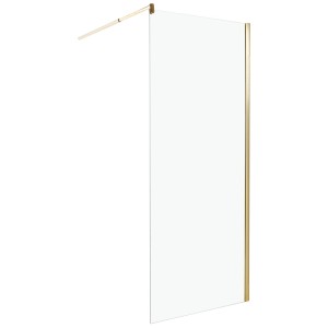 Paroi de douche moderne en verre transparent avec cadre doré et barre de stabilisation pour douches à l'italienne.