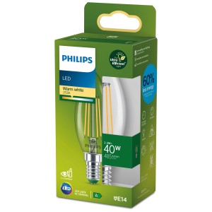 Philips LED-Glühbirne E14 Kerze, klar, 40W, 2700K, ultraeffizient, in Verpackung.
