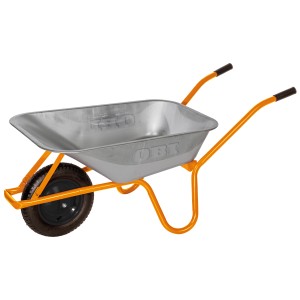Carriola OBI con vasca da 85 l, ruota pneumatica e telaio arancione. Portata 120 kg.