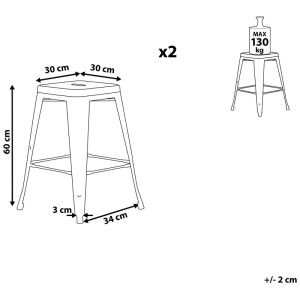 Beliani Tabourets de bar Cabrillo, lot de 2, acier gris, avec dimensions et capacité de charge.