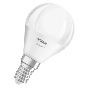 Lampadina LED Osram Matter E14 a goccia, RGBW, 4.9W, per illuminazione smart.