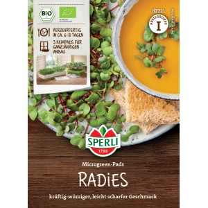Sperli BIO Microgreen-Pads Ravanello: Confezione con microgreens di ravanello e suggerimento di servizio.