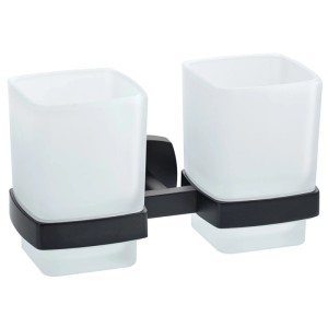 Porta bicchieri doppio Diaqua Quinto, nero opaco, con due bicchieri per accessori bagno.