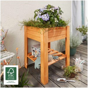 Wagner GreenBox light aiuola rialzata in legno, color castagno, con ripiano e piante.