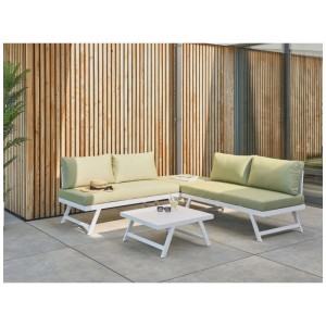 Ensemble lounge de jardin Beliani Coccorrino en aluminium vert avec table et coussins.