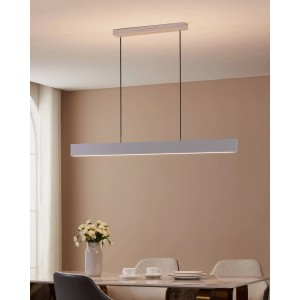 Lampada a sospensione LED grigia Eglo Andreas-Z, 119 cm, RGB/CCT, luce smart Connect.Z sopra tavolo da pranzo.