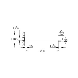 Disegno tecnico: braccio doccia Grohe Rainshower, cromo, sporgenza 286 mm, filettatura di collegamento ½