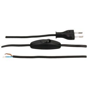 Schwarzes TDLF-Netzkabel, 2 m, mit Schalter für Lampen und Geräte.