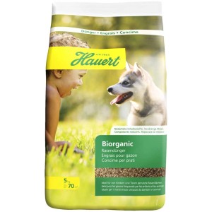 Hauert Biorganic fertilizzante per prato 5kg per un prato verde. Bambino e cane sulla confezione.