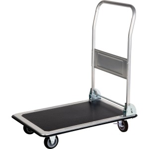 Carrello a piattaforma con manico pieghevole, portata 150 kg e superficie in gomma antiscivolo.