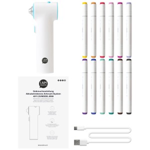 I Am Creative Kit aérographe avec 12 feutres textiles et câble de chargement USB.
