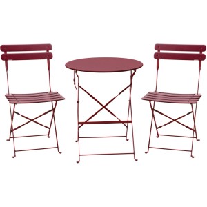 Set bistrò Milou Mica Decorations 3 pz. rosso in ferro pieghevole: tavolo e 2 sedie per arredo balcone.