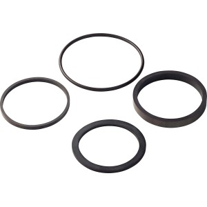 Set di guarnizioni per sifoni con 4 guarnizioni in gomma nera di diverse dimensioni.