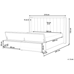 Skizze: Beiges Samt Bett 180x200cm mit Stauraumbank und Maßangaben.