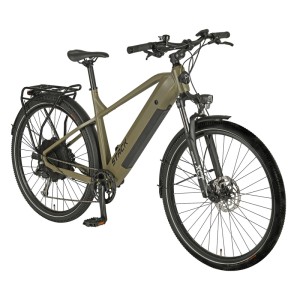 VTT électrique Prophete E-Bike ATB Stack 2.0 gris mousse avec moteur arrière Enovation et porte-bagages.