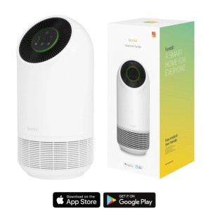 Purificatore d'aria Hombli Smart bianco con confezione. Ideale per aria pulita in ambienti interni.