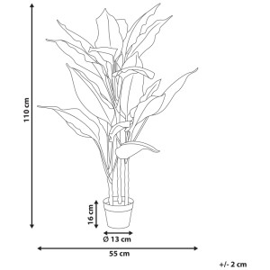 Disegno tecnico della pianta artificiale Beliani Dieffenbachia, alta 110 cm, con vaso e misure.