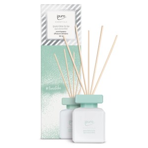 Ipuro Parfum d'ambiance Essentials Time To Be, 100 ml, diffuseur bleu clair et blanc avec bâtonnets en bois.