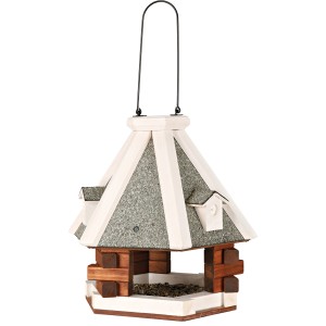 Trixie Vogelfutterhaus Natura zum Hängen, braun/weiß, mit Dach und Aufhängevorrichtung.