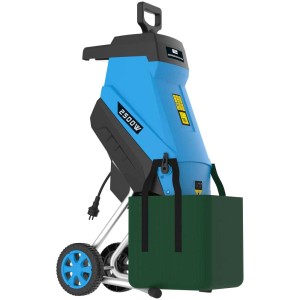 Broyeur de jardin électrique Güde GH 2501 : Broyeur bleu avec sac de ramassage et roues pour déchets verts.