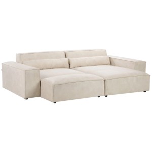 Canapé d'angle beige Beliani Hellnar en velours avec pouf et coussins.