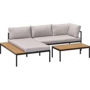 Set lounge Lankin 3 pezzi antracite-beige con tavolo e panche in alluminio e polywood.