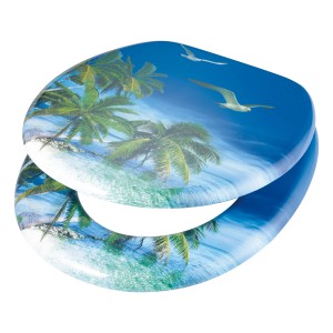 Sedile WC OBI Kalamos con palme e design spiaggia.